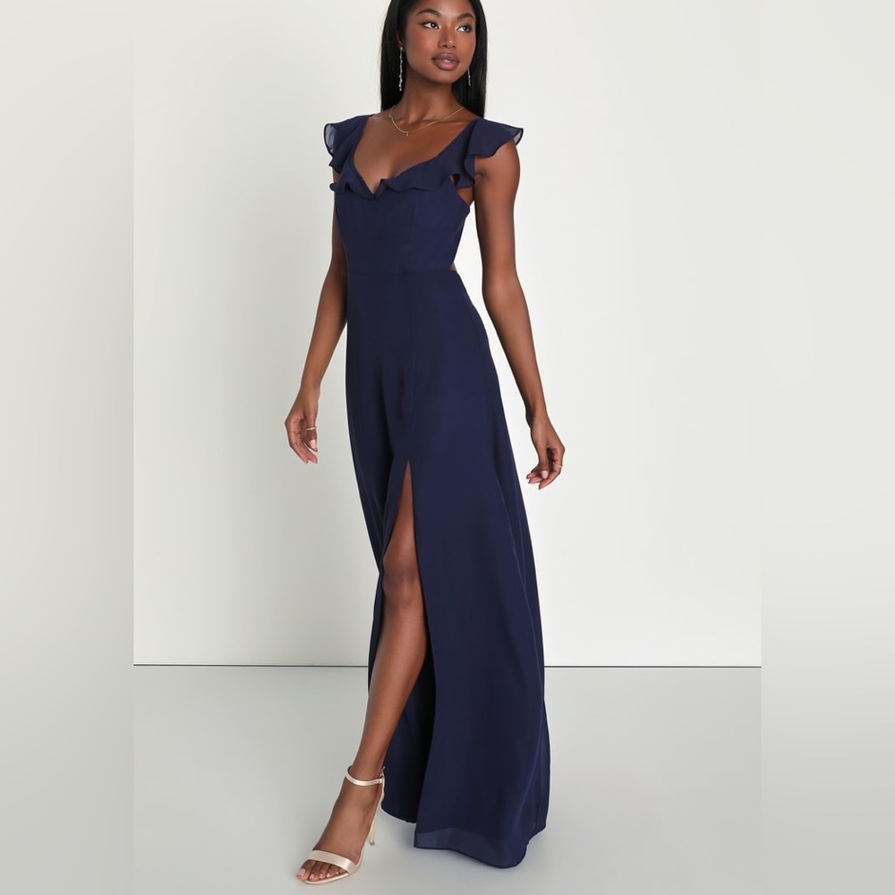 NWT lulus Sweetest Entrance Navy Blue Ruffled Tie-Back Maxi Dress